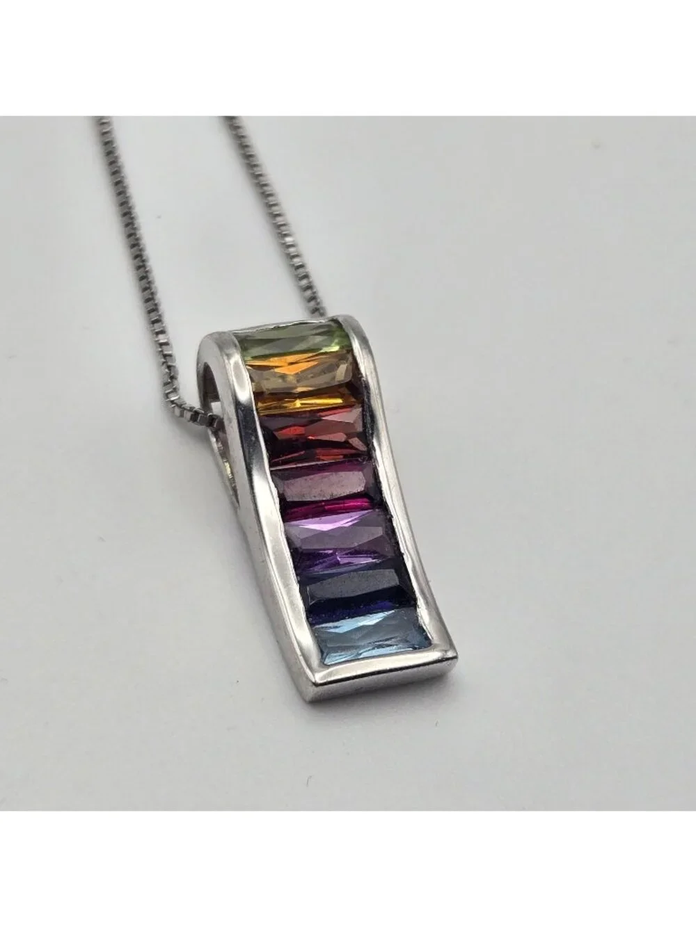 Sterling Silver Rainbow Gemstone Pendant Necklace 925 Box Chain Elegant Design